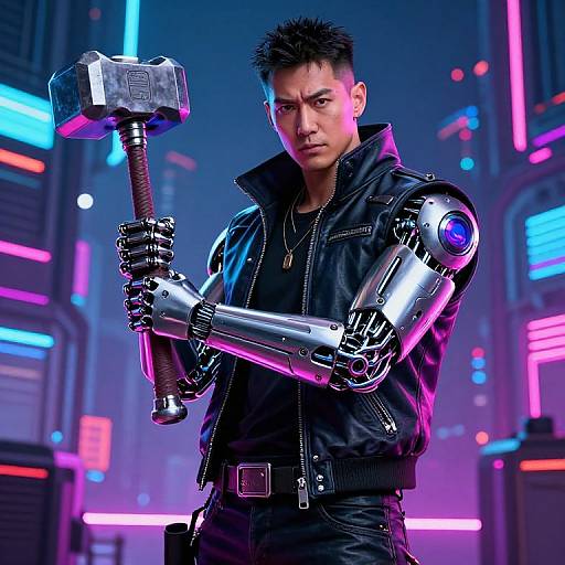 Digital artwork of a serious, Asian male cyborg with metallic arms holding a hammer, wearing a black leather jacket, in a neon-lit futuristic city