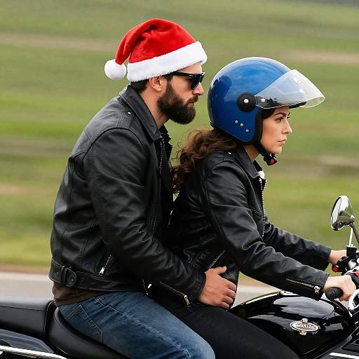 Couple Riding Motorcycle with Santa Hat and Helmet