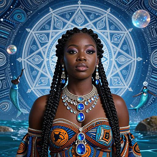 Photograph of a dark-skinned woman with braided hair, wearing colorful, beaded attire and jewelry, standing in front of a glowing, intricate