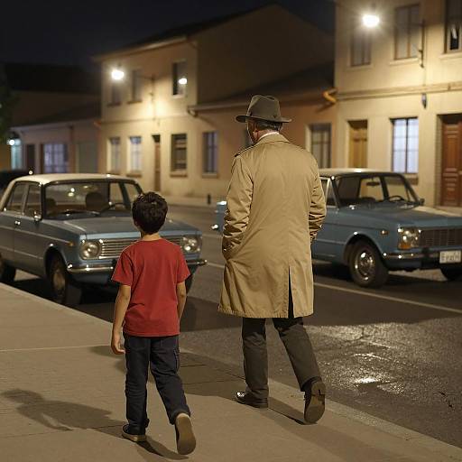 Man and Boy Walking on Nighttime Street with Vintage Cars