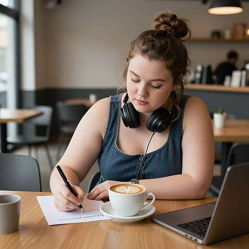 Photograph of a fair-skinned, brown-haired woman with a bun, wearing a denim tank top and headphones, writing on paper at a café table