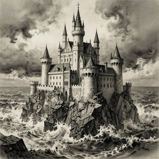 Monochrome digital drawing of a stormy, wave-battered, medieval castle with multiple turrets perched on rocky cliffs under dramatic, cloudy skies.