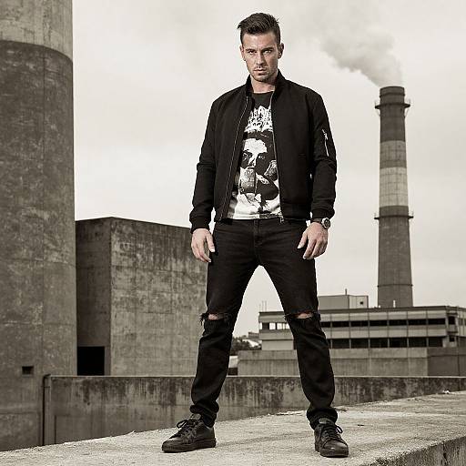Photograph of a stern-looking man in black ripped jeans, graphic shirt, and jacket, standing on a concrete rooftop with industrial smokestacks in the