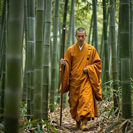 Photograph of a focused male Buddhist monk in orange robes, holding a wooden staff, walking through a dense bamboo forest.