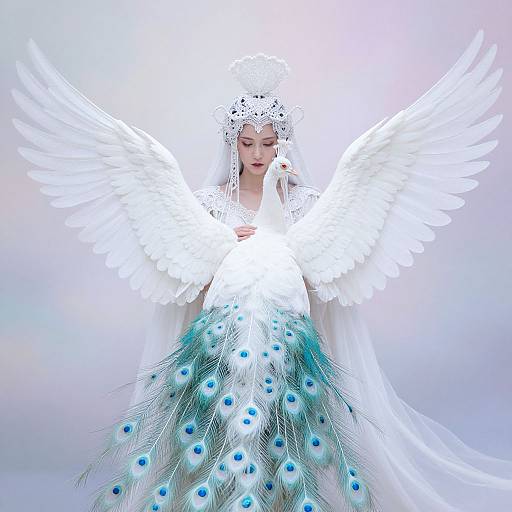 Woman with White Peacock and Ethereal Headdress