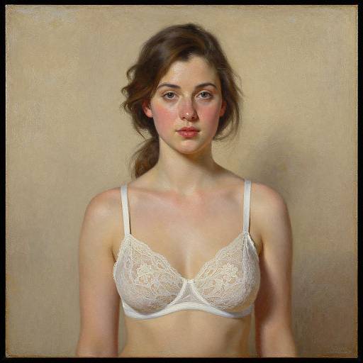 Photorealistic digital painting of a young woman with fair skin, brown hair in a ponytail, wearing a white lace bra, standing against a beige