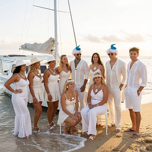 Photograph of nine people in white outfits and blue hats, standing and sitting on a sandy beach with a sailboat in the background at sunset.