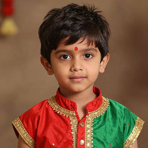 Photograph of a young Indian boy with dark hair, wearing a red and green traditional kurta with gold embroidery, and a red bindi on his