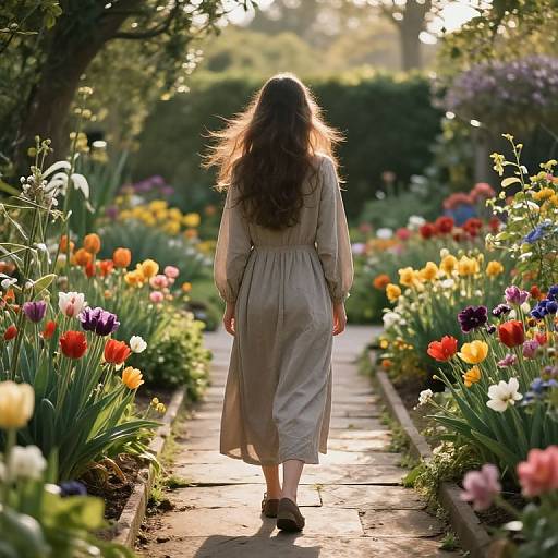 Photograph of a woman with long brown hair, wearing a beige dress, walking down a sunlit garden path lined with vibrant tulips.