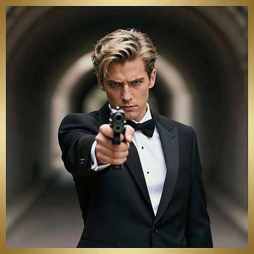 Intense Man in Tuxedo with Gun
