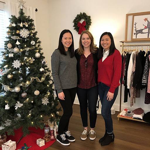 Photograph of three smiling women standing in a Christmas-decorated room; one in grey sweater, one in red cardigan, and one in red