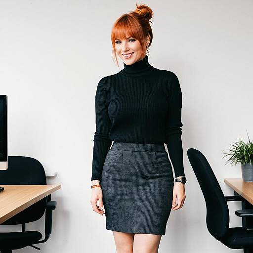 Smiling Woman in Black Turtleneck and Gray Skirt in Office
