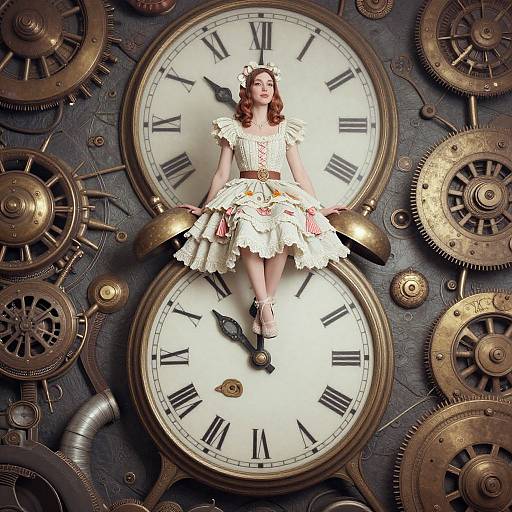 Steampunk photograph: Vintage woman with red hair in white lace dress, sitting on oversized clock face, surrounded by brass gears.