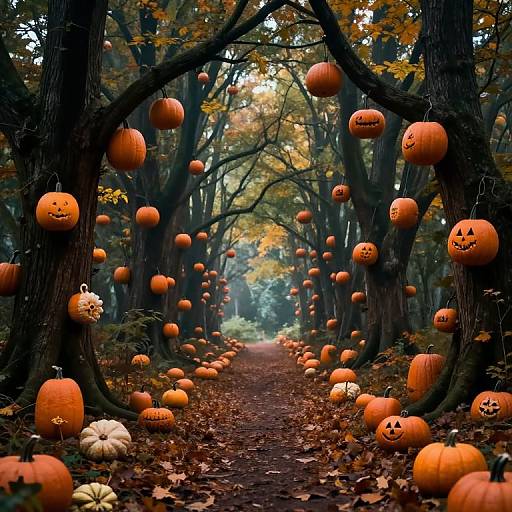 Photograph of a forest path adorned with numerous hanging and ground orange pumpkins with carved faces, surrounded by autumn leaves and trees with yellow-orange foliage.