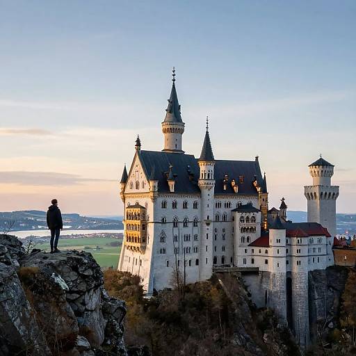 Photograph of a lone figure standing on a rocky cliff, overlooking a grand, medieval-style castle with multiple turrets at sunset.