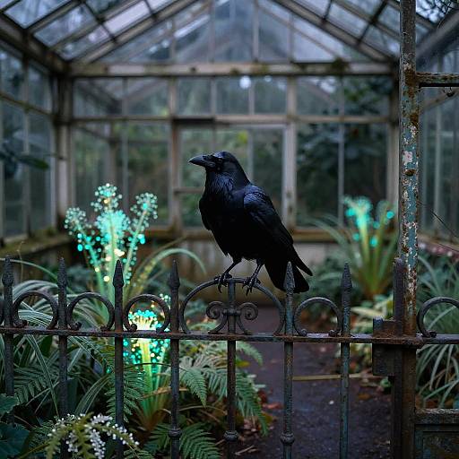 Raven on Iron Gate in Abandoned Victorian Greenhouse