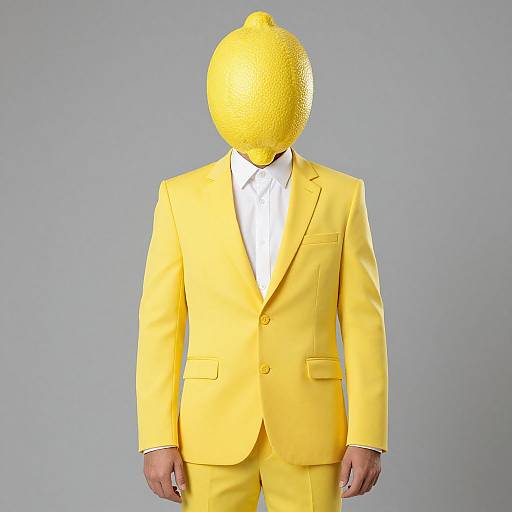 Photograph of a faceless man in a bright yellow suit with a textured lemon head, standing against a plain gray background.
