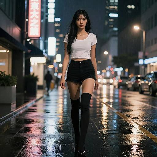 Photorealistic Night Rainy City Girl
