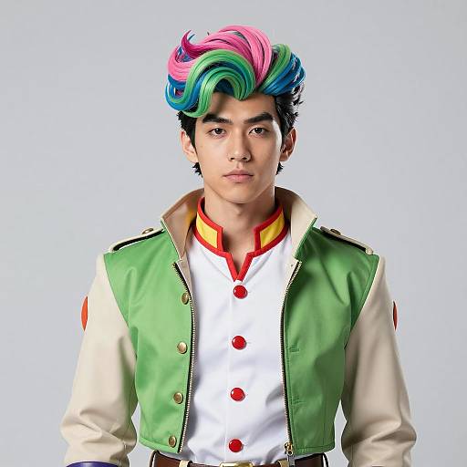 Young Asian Man in Colorful JoJo-Inspired Costume