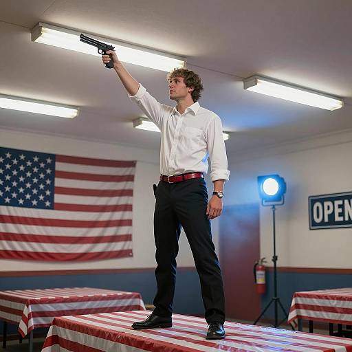 Dramatic Scene: Man Pointing Gun Upward