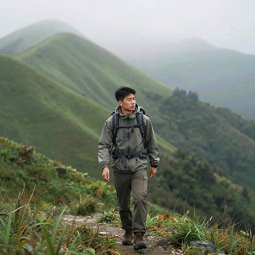 Asian Hiker in Misty Green Mountains