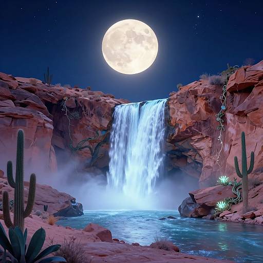 Digital painting of a luminous waterfall under a full moon, surrounded by cacti, rocky cliffs, and glowing desert plants.