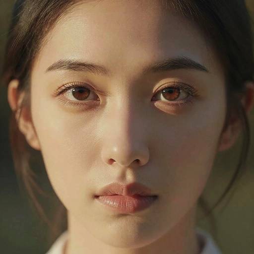Close-up photograph of a young Asian woman with fair skin, brown eyes, and dark brown hair, looking directly at the camera with a neutral expression.