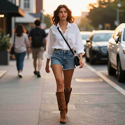 Photograph of a young woman with wavy brown hair, wearing a white blouse, denim shorts, brown knee boots, and a black crossbody bag