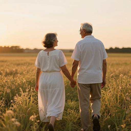 Photograph of an elderly couple holding hands, walking through a golden wheat field at sunset, both wearing white, backlit by warm sunlight.