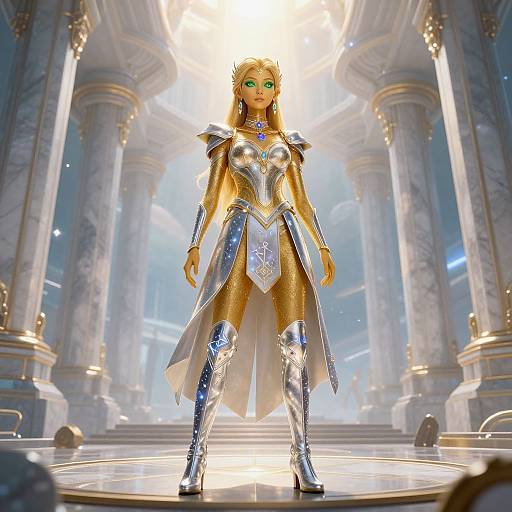CGI fantasy image of a green-eyed, blonde female warrior in shiny silver and gold armor, standing in a grand, sunlit marble temple.