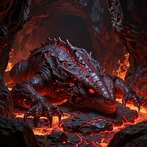 Digital illustration of a fierce, black-scaled dragon with glowing red eyes and spikes, resting in a dark, rocky cave with vibrant red and orange mol