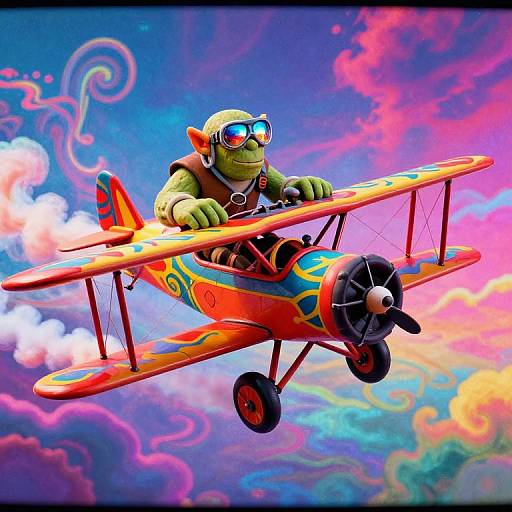 Colorful digital illustration of a green, cartoonish monkey pilot with goggles flying a vibrant, striped biplane through a swirling, pink and blue sky.