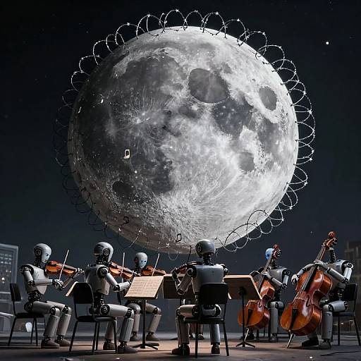 Photograph of six robotic musicians playing string instruments under a large, detailed, glowing full moon with a wireframe halo in a dark, starry night