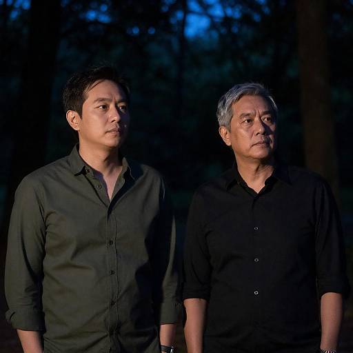 Two Men in Dimly Lit Forest