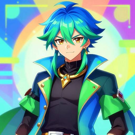 Digital anime-style drawing of a blue-green haired, yellow-eyed character with a confident smile, wearing a blue-green and black coat with gold accents, against