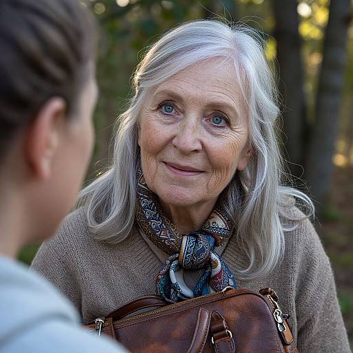 Photograph of an elderly woman with silver hair, blue eyes, and a brown coat, smiling gently while holding a brown leather handbag, standing in