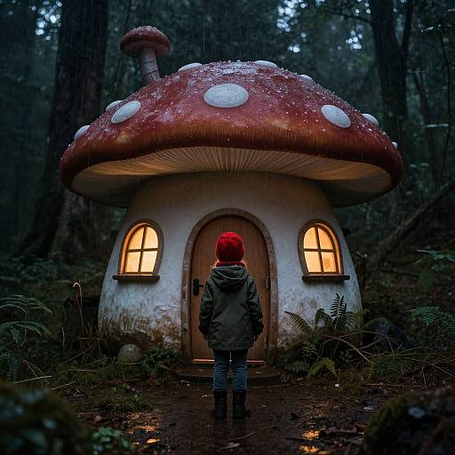 Photograph of a child in a red hoodie facing a glowing, red-and-white-spotted mushroom house in a dark, rainy forest.