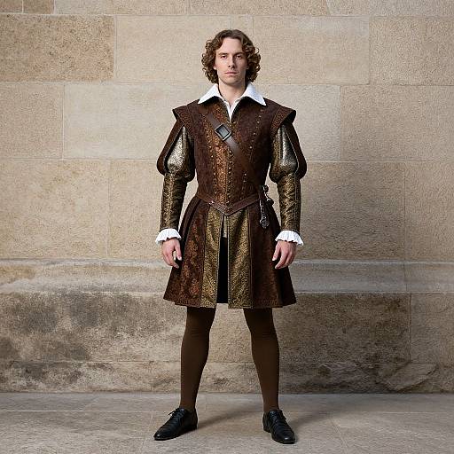 Photograph of a young man with curly brown hair, wearing a dark brown, ornate, Elizabethan-style doublet with white ruffled cuffs and