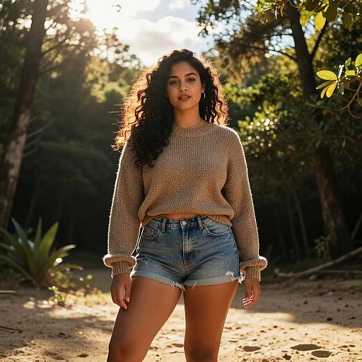 Curvy Woman in Knit Sweater and Denim Shorts Outdoors