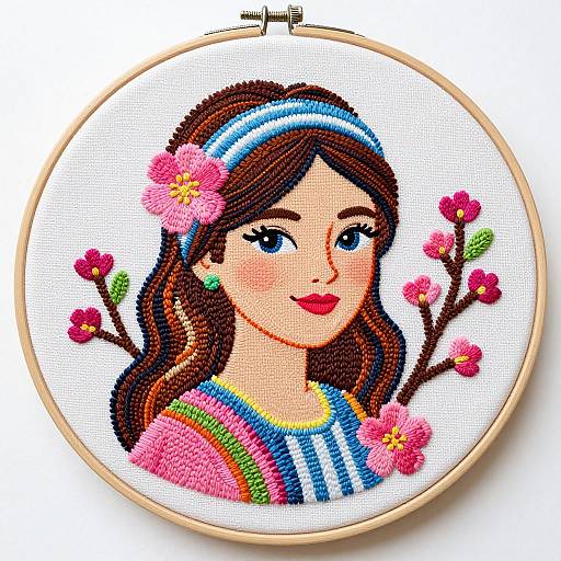 Colorful cross-stitch portrait of a smiling woman with blue eyes, brown hair, pink flower, striped shirt, and headband in wooden hoop.
