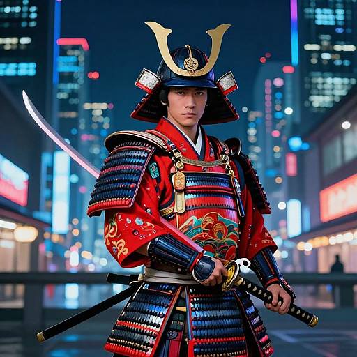 Photograph of a samurai in vibrant red and black armor, holding a katana, standing in a neon-lit urban cityscape at night.