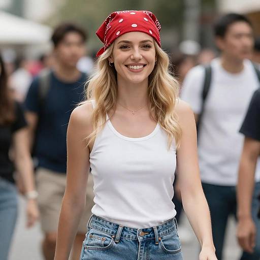 Smiling Blonde Woman in Red Bandana