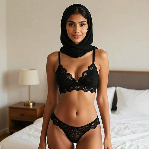 Photograph of a young South Asian woman with medium brown skin, wearing black lace lingerie and a black hijab, standing in a bright, minimalistic