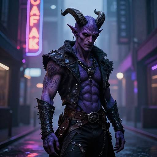CGI demon with purple skin, large horns, muscular build, tribal tattoos, dark fur vest, leather armor, standing on neon-lit, rainy