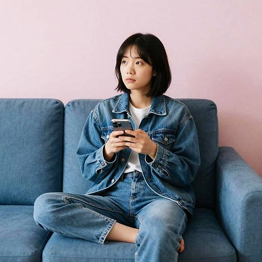 Thoughtful Woman in Denim Sitting on Couch