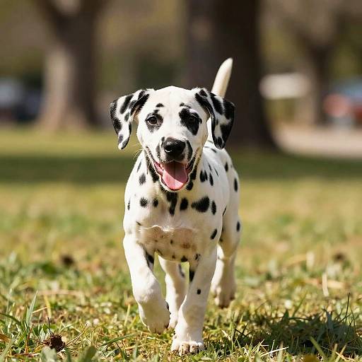 Playful Dalmatian Puppy Running on Grass