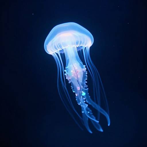 Photograph of a glowing blue jellyfish with translucent, flowing tentacles, illuminated against a dark blue underwater background.