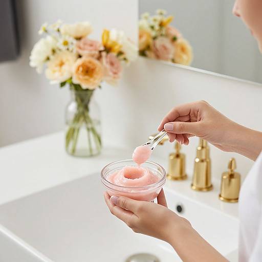 Photograph of hands applying pink face mask from a clear bowl, with gold faucets and a vase of flowers in the background.
