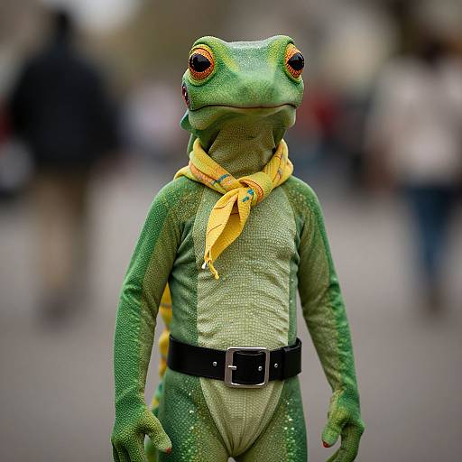 Photograph of a green frog costume with yellow scarf, black belt, and large orange eyes, standing in a blurred outdoor street.