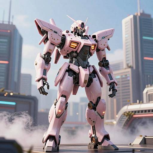 Light Pink Mecha Holding Weapon Over City